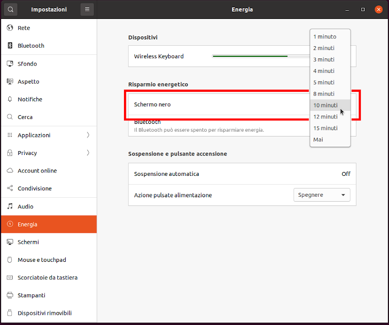 Cambiare timer blocco e spegnimento dello schermo in Ubuntu