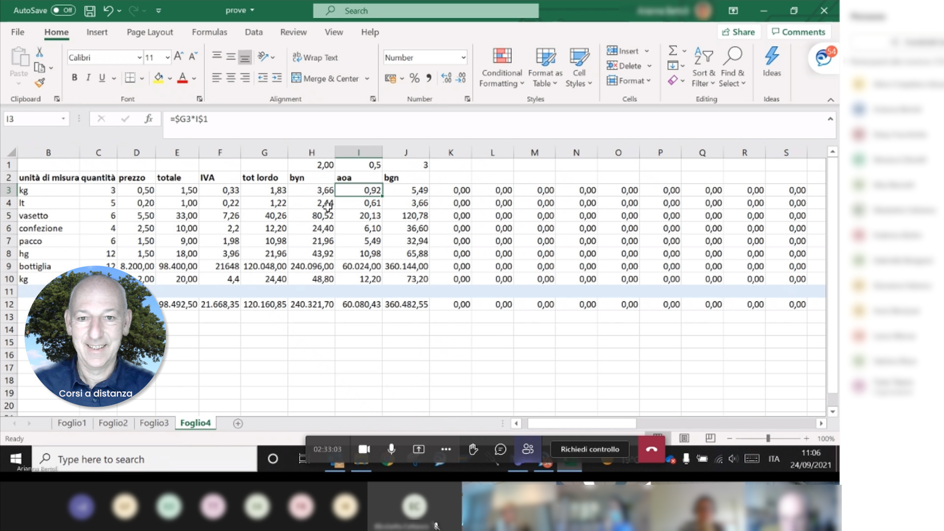 Corsi a distanza di Excel: Formule relative e assolute