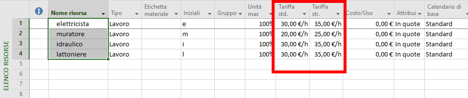 Microsoft Project - Elenco Risorse Lavoro
