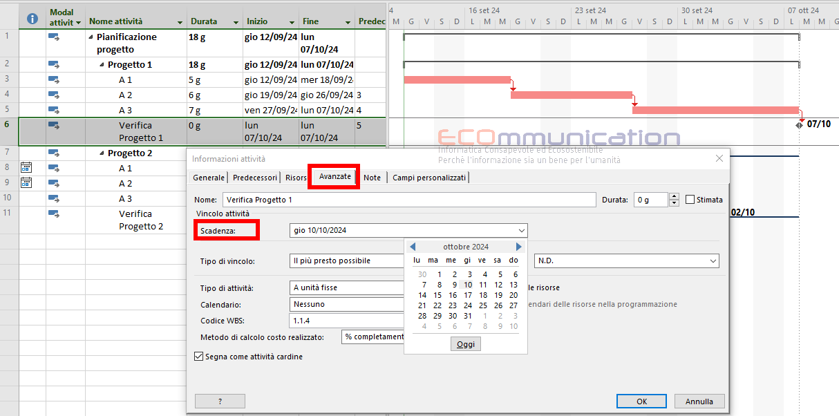 Microsoft Project - data di scadenza