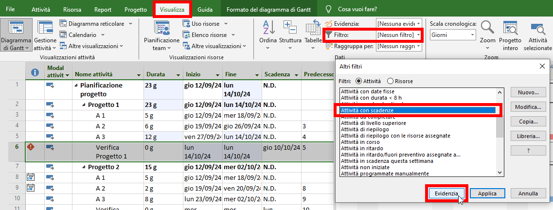 Microsoft Project - Filtri - Altri Filtri - Attività con scadenza