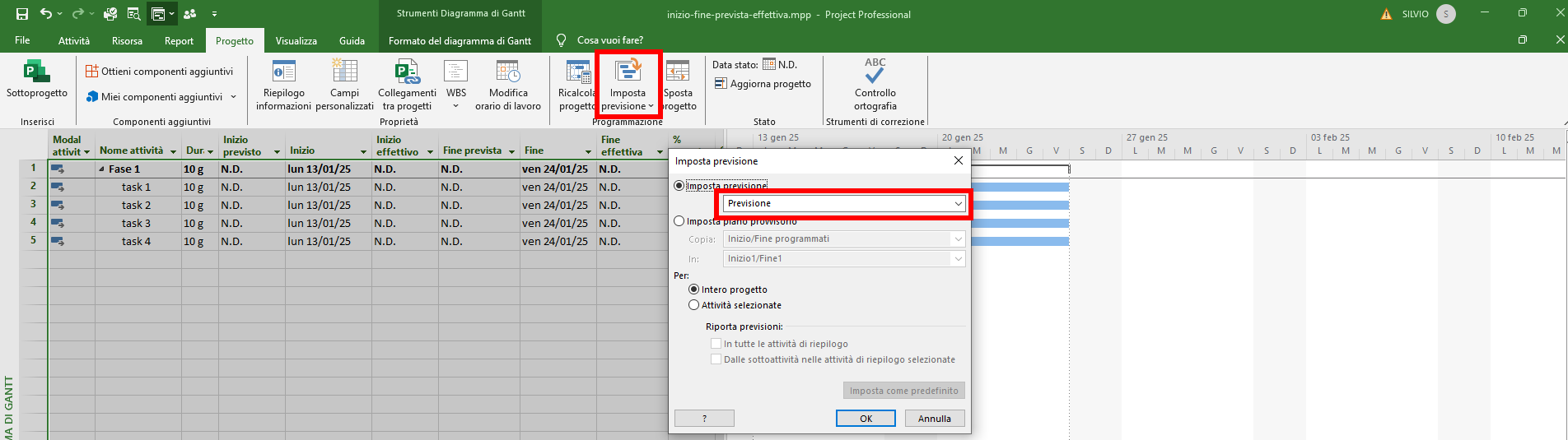 Microsoft Project - impostazione previsione