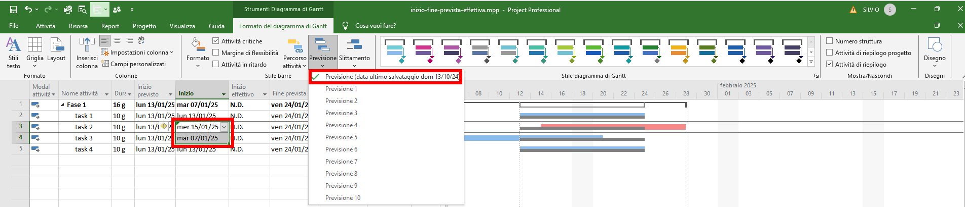 Microsoft Project - percentuale di completamento