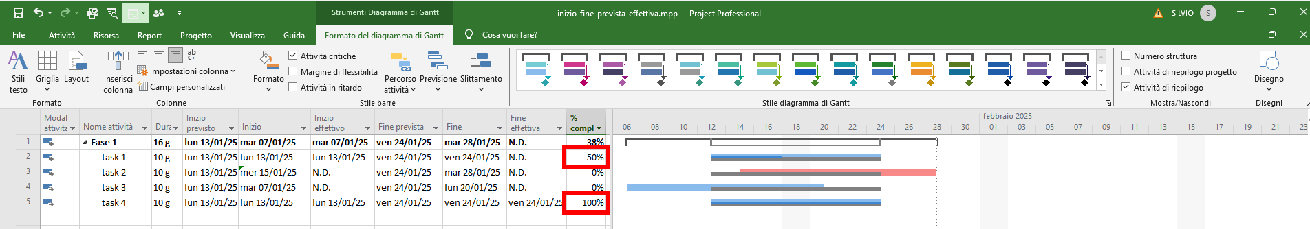 Microsoft Project - percentuale di completamento