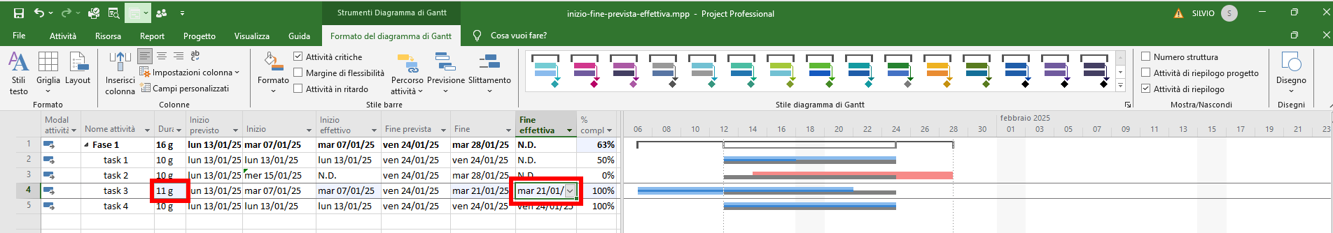 Microsoft Project - attività completate