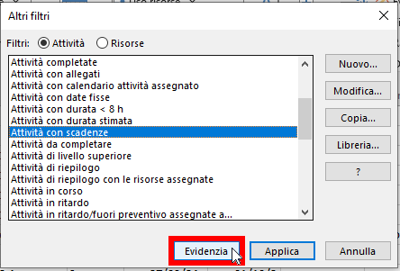 Microsoft Project - Scadenze Filtri