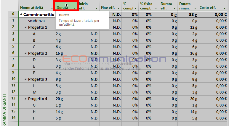 Microsoft Project - Diagramma di Gantt - Verifica - colonna durata